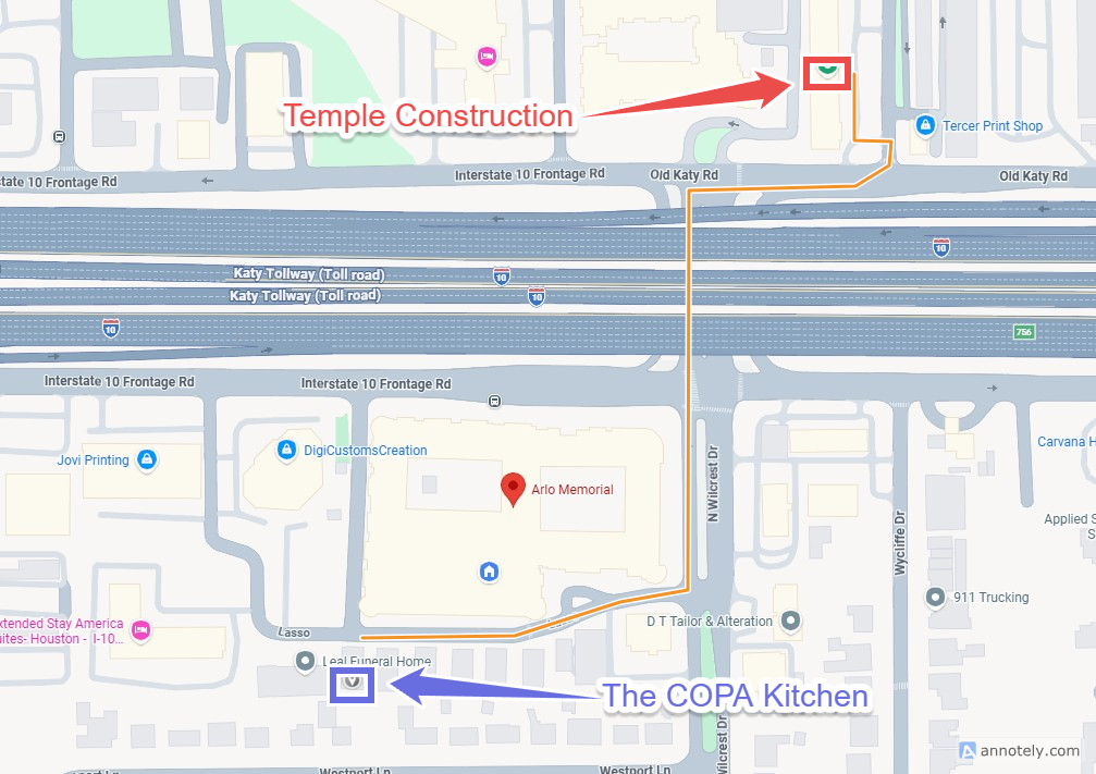 Map: driving route from Temple Construction to The COPA Kitchen at 935 N Wilcrest Dr, Houston